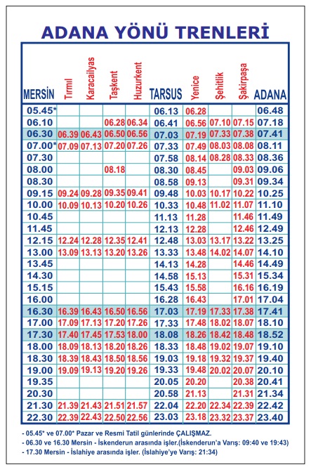 Adana Mersin tren sefer saatleri tablosu