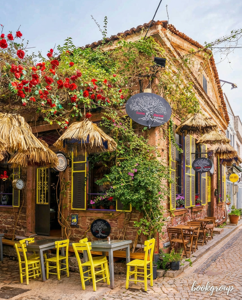 Cunda (Alibey) Adası'nın sokakları, Arnavut kaldırımlı taş döşemeleri, renkli pe